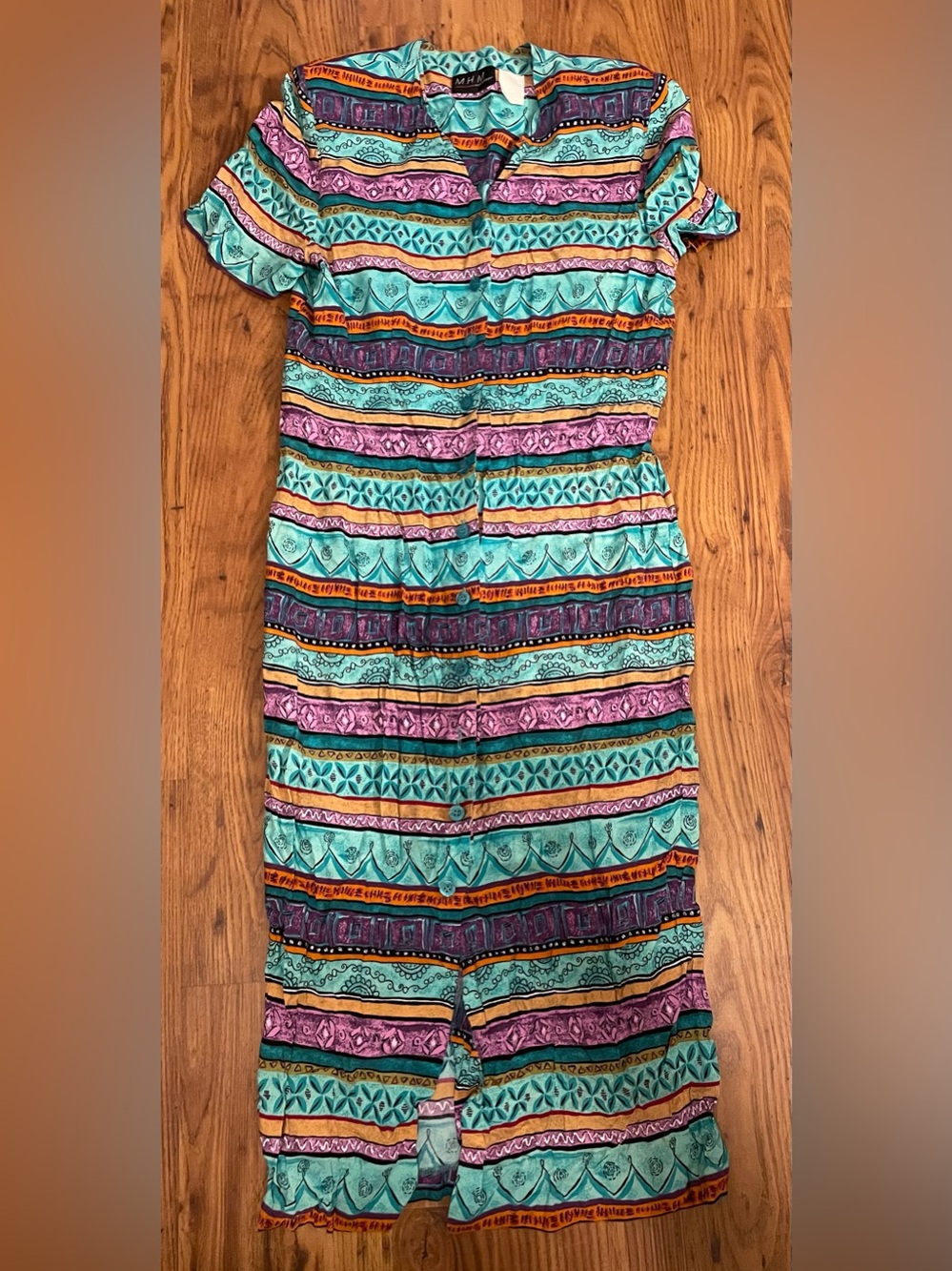 Vintage Turquoise Colorful Print Long Button Up Dress